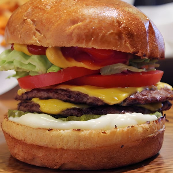 A close-up of a Burger MOOvment double cheeseburger with lettuce, tomato, mustard, and ketchup.