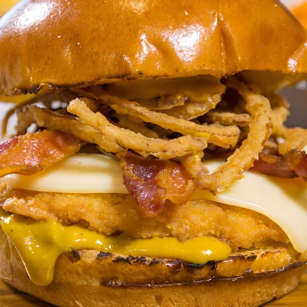 Close-up of a Burger MOOvment burger with crispy fried onions, bacon, cheese, and mustard.